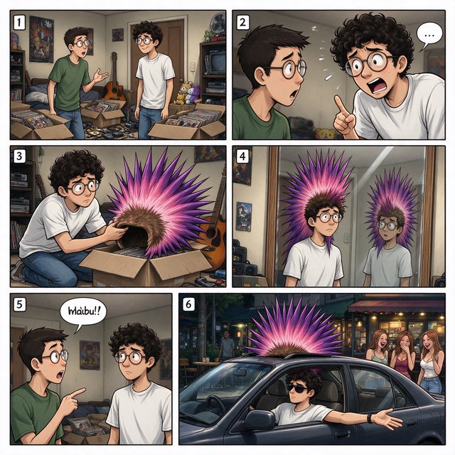 A three-row, six-panel sequence. Panel 1: A short-haired, nerdy man is talking to his friend Babu, another nerd with curly hair and round-frame glasses. They are both 20. Babu's room has a guitar and boxes full of things. Panel 2: Babu is exclaiming to his friend, saying something! Middle row, panel 3: Babu brings a spiky Mohican wig, pink to purple in color, out of one of his boxes. But it is oddly big. Panel 4: Babu stands in front of a wall mirror wearing the spiky wig—it is oddly very big! He looks concerned. Bottom row, panel 5: Babu's nerdy friend exclaims something to him, as if he has had an idea. Bottom row, panel 6: Babu is in a right-hand-drive sedan with a sunroof. Half of the spiky hair on his wig sticks out through the sunroof. The car is parked in front of a neighborhood hangout. Babu is looking out of the window, with one hand out of it. He wears sunglasses, trying to look cool. Several pretty adult women his age are giggling at him. — Seedream 5.0 Flash