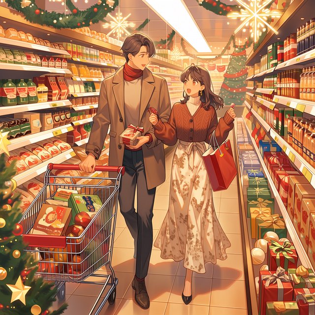 A husband and wife are shopping in a large, well-lit supermarket. They are surprised by what is for sale in the Christmas aisle. — Midjourney Niji 7