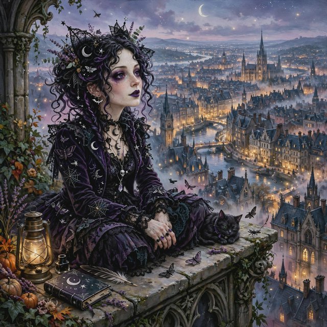 A whimsical gothic woman sitting on a ledge overlooking the city. — Muse Image 1.0