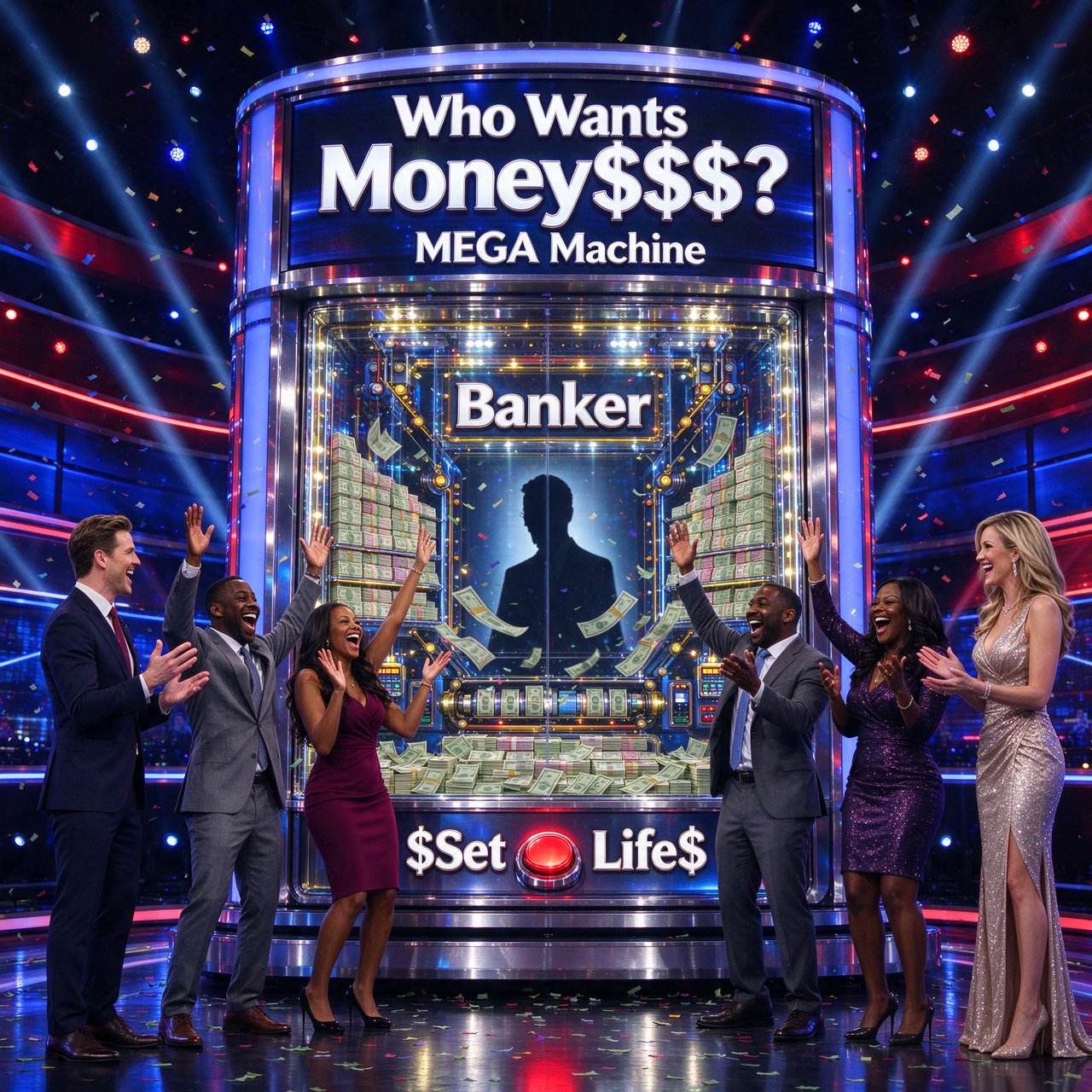 People on the set of a super mega game show called "Who Wants Money$$$?". There are at least six adults (three men and three women), all of different races, looking really excited. There is a big machine with a lot of cash inside. At the top of the machine it says "Who Wants Money$$$? MEGA Machine". In the middle of the machine it says "Banker", with the shadow of a man near the name. At the bottom of the machine it says "$Set 4 Life$", with a red button in the middle of the words. Near the machine are game hosts on both sides of it: a handsome man and a pretty woman. — Seedream 5.0 Flash