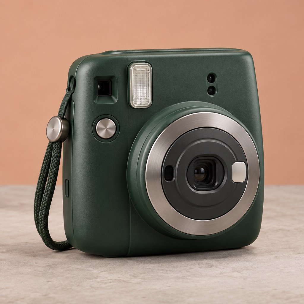 Commercial product photograph of an unbranded compact instant camera in matte forest-green polymer with brushed steel details, resting on a pale concrete surface against a warm peach background, illuminated by broad diffused studio light and a soft rim light. — GPT Image 2.5 Sunburst