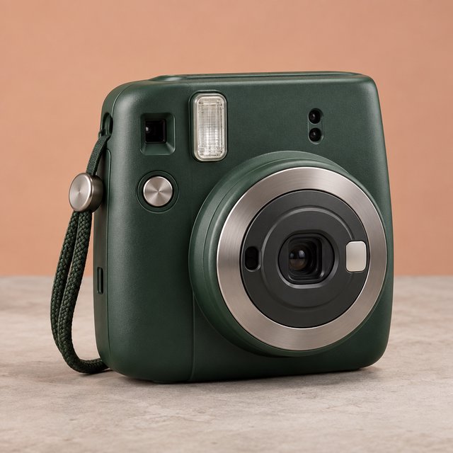 Commercial product photograph of an unbranded compact instant camera in matte forest-green polymer with brushed steel details, resting on a pale concrete surface against a warm peach background, illuminated by broad diffused studio light and a soft rim light. — GPT Image 2.5 Sunburst