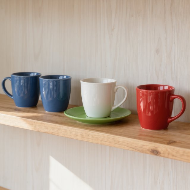 Exactly four ceramic mugs sit on a pale wooden shelf: two blue mugs on the left, one white mug in the center, and one red mug on the right. A green saucer is beneath the center mug, nothing else. — Kling v3 Omni