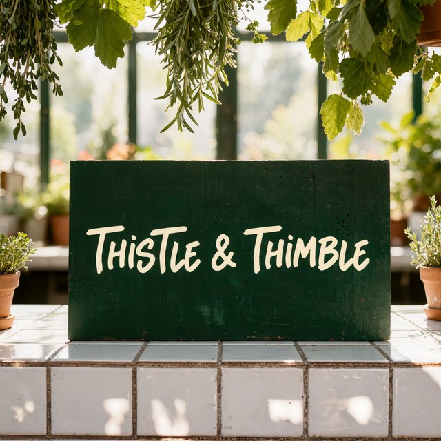 At a neighborhood greenhouse café, sunlight filters through hanging herbs above a tiled counter; "THISTLE & THIMBLE" is painted in hand-lettered cream script across a deep green wooden menu board. — Kling v3