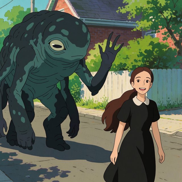 Alien monster walking down the street, greeting a beautiful woman walking toward him down the street on a lovely sunny day! — Krea 2 Medium