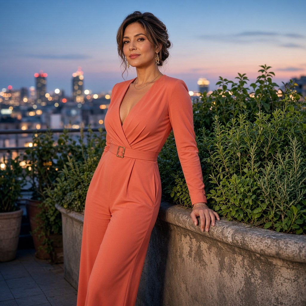 Editorial glamour photograph of an adult woman in a tailored coral evening jumpsuit on a rooftop herb garden at blue hour, resting one hand on a stone planter, flattering sunset glow, relaxed expression, city lights softly blurred behind her. — Grok Imagine Image 2