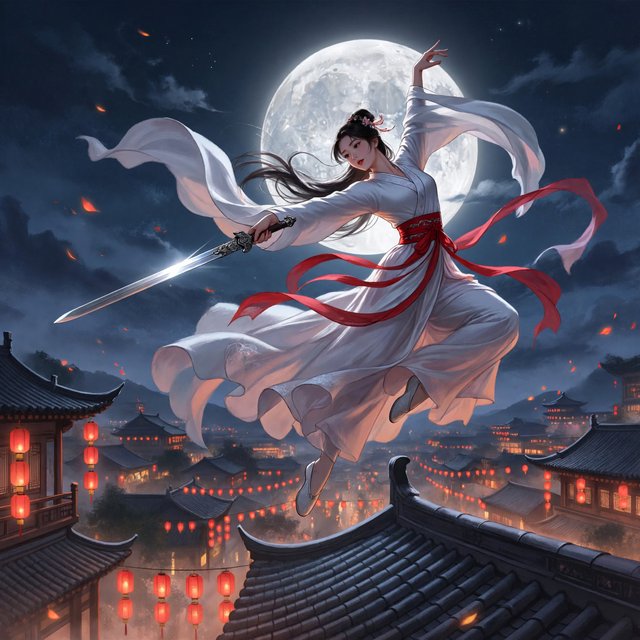 Elegant young adult Chinese female dancer performing a sword dance on a rooftop in ancient China at night, wearing flowing hanfu in primary white with secondary red accents. She leaps high in midair with her body arched backward, sword arm thrust forward, while her other arm rises gracefully above her with the hand forming delicate orchid fingers. Frontal three-quarter view, long black hair and sleeves flowing, expressive elegant pose, lantern-lit ancient city below, glowing rooftops and streets, romantic moonlit atmosphere. — ImagineArt 2