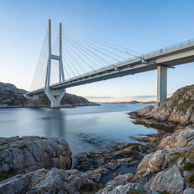 Across a sheltered coastal inlet, a contemporary high-tech cable-stayed bridge spans between granite shores, its slender steel pylons and pale concrete deck catching cool sunrise light; viewed from a rocky bank, straight lines and credible engineering define the scene. — Qwen Image 3.0