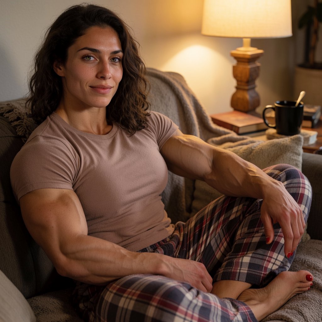 A 28-year-old, 6-foot-tall woman with wavy brunette hair falling just past her shoulders, olive skin, an oval face with soft angular cheekbones, and striking deep green eyes. She has a hyper-muscular, athletic physique built from intense heavy weightlifting and CrossFit — broad shoulders, defined arms, a strong back, and visible core and leg muscle definition — giving her a powerful, statuesque build. Her expression is relaxed and at ease. She lounges comfortably on a couch in her living room, wearing a soft fitted t-shirt and plaid pajama pants, barefoot with red-painted toenails. Warm evening lamp light, cozy lived-in living room background with a throw blanket and a few books on a side table, soft natural shadows, skin texture. — Krea 2 Medium