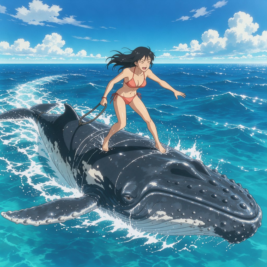 Anime-style illustration of an adult young woman confidently balancing on the broad back of a massive humpback whale as it swims across the open ocean. She wears a stylish two-piece bikini appropriate for a sunny tropical setting, with wet hair and subtle water droplets catching the light. One hand grips a sturdy tether secured near the whale's dorsal area, using it to maintain her balance as the whale moves through the waves, while her other arm extends naturally for stability. The whale is enormous and majestic, its dark blue-gray skin covered in realistic texture, scars, and subtle highlights. Its powerful body breaks partially above the rolling ocean surface, creating a sweeping trail of white foam and spray behind it. The woman looks exhilarated and joyful, her expression conveying adventure and freedom rather than fear. Vast open sea stretches toward the horizon beneath a brilliant blue sky with scattered white clouds. Sunlight sparkles across the water — FLUX 3 Image