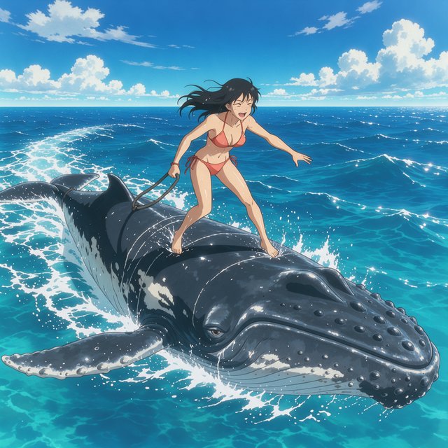 Anime-style illustration of an adult young woman confidently balancing on the broad back of a massive humpback whale as it swims across the open ocean. She wears a stylish two-piece bikini appropriate for a sunny tropical setting, with wet hair and subtle water droplets catching the light. One hand grips a sturdy tether secured near the whale's dorsal area, using it to maintain her balance as the whale moves through the waves, while her other arm extends naturally for stability. The whale is enormous and majestic, its dark blue-gray skin covered in realistic texture, scars, and subtle highlights. Its powerful body breaks partially above the rolling ocean surface, creating a sweeping trail of white foam and spray behind it. The woman looks exhilarated and joyful, her expression conveying adventure and freedom rather than fear. Vast open sea stretches toward the horizon beneath a brilliant blue sky with scattered white clouds. Sunlight sparkles across the water — FLUX 3 Image