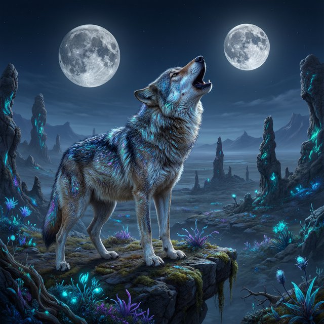 A solitary wolf, its fur subtly infused with shimmering, bio-luminescent patterns, howling at a sky filled with twin moons. The wolf stands on a cliff overlooking a vast, alien landscape dotted with strange, glowing rock formations and spectral, phosphorescent vegetation. — Qwen Image 3.0 Pro