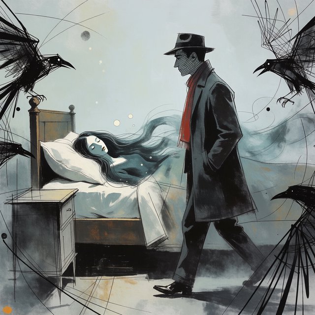 Walking in a dream, with ravens scribbled along the edges, a doctor on a house call — Krea 2 Medium
