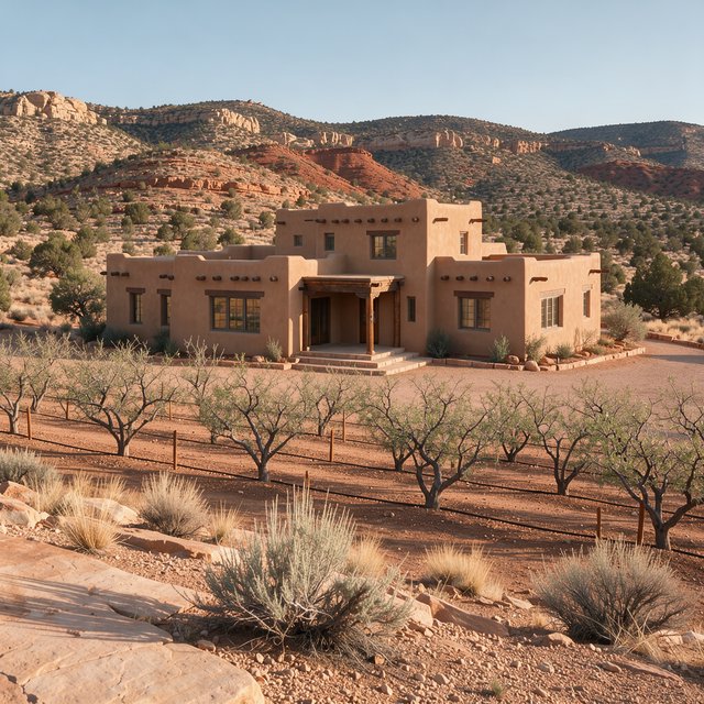 Beyond dry orchard rows, a Pueblo Revival adobe house settles into the desert foothills, with timber lintels and a muted clay roof; warm late-afternoon light, viewed from a rocky rise, reveals clean geometry and credible construction. — FLUX 3 Image