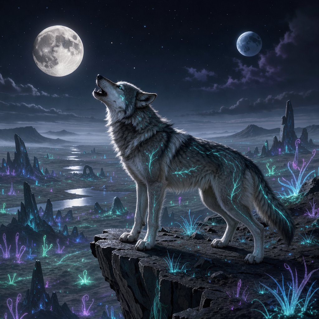 A solitary wolf, its fur subtly infused with shimmering, bio-luminescent patterns, howling at a sky filled with twin moons. The wolf stands on a cliff overlooking a vast, alien landscape dotted with strange, glowing rock formations and spectral, phosphorescent vegetation. — FLUX 3 Image