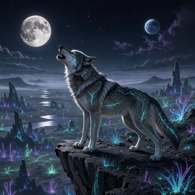A solitary wolf, its fur subtly infused with shimmering, bio-luminescent patterns, howling at a sky filled with twin moons. The wolf stands on a cliff overlooking a vast, alien landscape dotted with strange, glowing rock formations and spectral, phosphorescent vegetation. — FLUX 3 Image