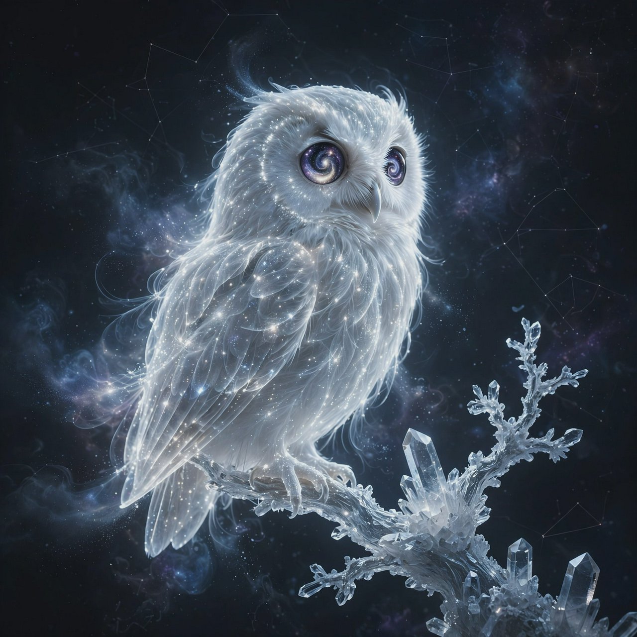 An ethereal owl with feathers made of shimmering moonlight and eyes like miniature galaxies, perched on a branch of a crystalline tree that grows in a void. Wisps of cosmic dust drift around it, and faint constellations are visible in the background. The scene evokes a sense of profound tranquility and celestial mystery. Style: Ethereal, surrealism, with a touch of photorealism. — Muse Image 1.0
