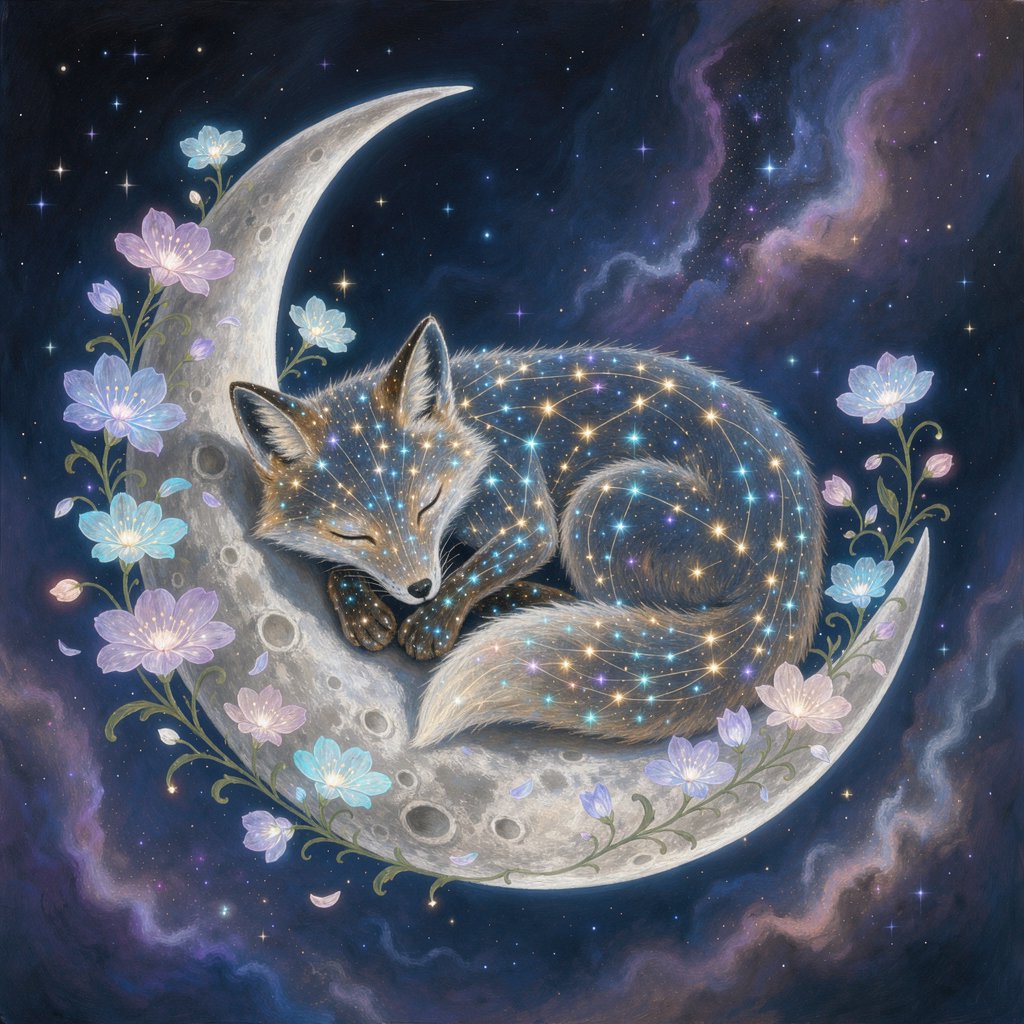 A miniature, intricately detailed fox crafted from living constellations, curled asleep atop a crescent moon. Surrounding it are delicate, bioluminescent flowers that pulse with gentle light, casting intricate shadows. The background is a deep indigo sky filled with swirling nebulae and distant, twinkling stars. The overall aesthetic is dreamlike and whimsical, with a painterly finish and a touch of cosmic wonder. — FLUX 3 Image