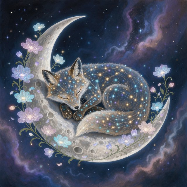 A miniature, intricately detailed fox crafted from living constellations, curled asleep atop a crescent moon. Surrounding it are delicate, bioluminescent flowers that pulse with gentle light, casting intricate shadows. The background is a deep indigo sky filled with swirling nebulae and distant, twinkling stars. The overall aesthetic is dreamlike and whimsical, with a painterly finish and a touch of cosmic wonder. — FLUX 3 Image