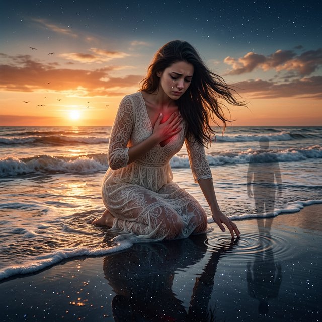 Cinematic, photorealistic artwork of a sorrowful young woman in a flowing ivory lace dress kneels in shallow surf at the waterline during sunset. Her long, windblown dark hair frames her downcast face; a tear flows down her cheek and into the water, one hand presses against her chest, glowing faintly crimson to suggest her still-beating heart, while her other fingertips touch the water. The world behind her remains beautiful: a golden sun shines over restless waves, seabirds cross the sky, and fiery peach clouds fade into star-filled indigo. In the wet sand, her reflection becomes a dark cosmic void. Stars ripple around a fading, ghostlike image of her partner deserting her and dissolving into darkness. The tear forms concentric ripples, disturbing an entire universe. Contrast warm golden life above with cool blue-black devastation below. Natural cinematic lighting, detailed water reflections, realistic anatomy, restrained grief. No text, borders, or collage. — Nano Banana 2.1