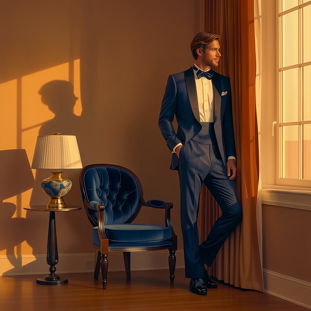 Editorial glamour photograph of an adult man in a midnight-blue tuxedo, standing naturally beside a velvet chair in a quiet hotel lounge, flattering amber window light, relaxed expression, polished magazine composition. — Midjourney Niji 7