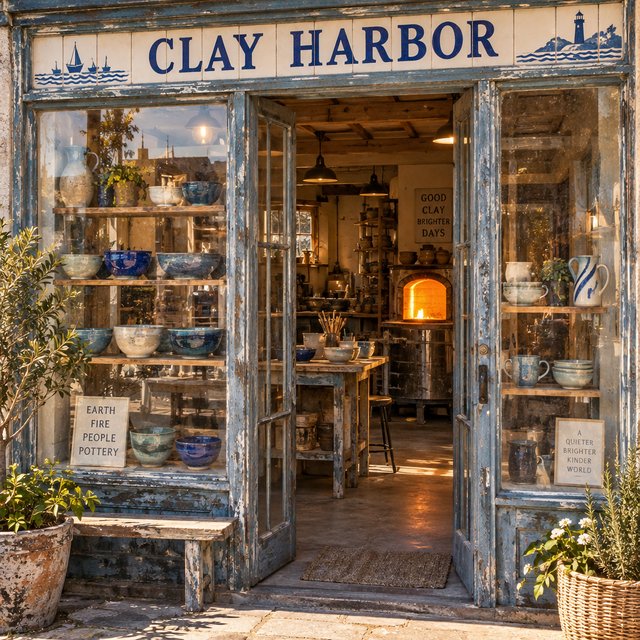 A sunlit ceramicist's studio storefront displays glazed bowls behind dusty glass doors; "CLAY HARBOR" is printed in cobalt-blue block letters across a cream tile transom above the entrance, with kiln warmth glowing inside. — GPT Image 2.5 Sunburst