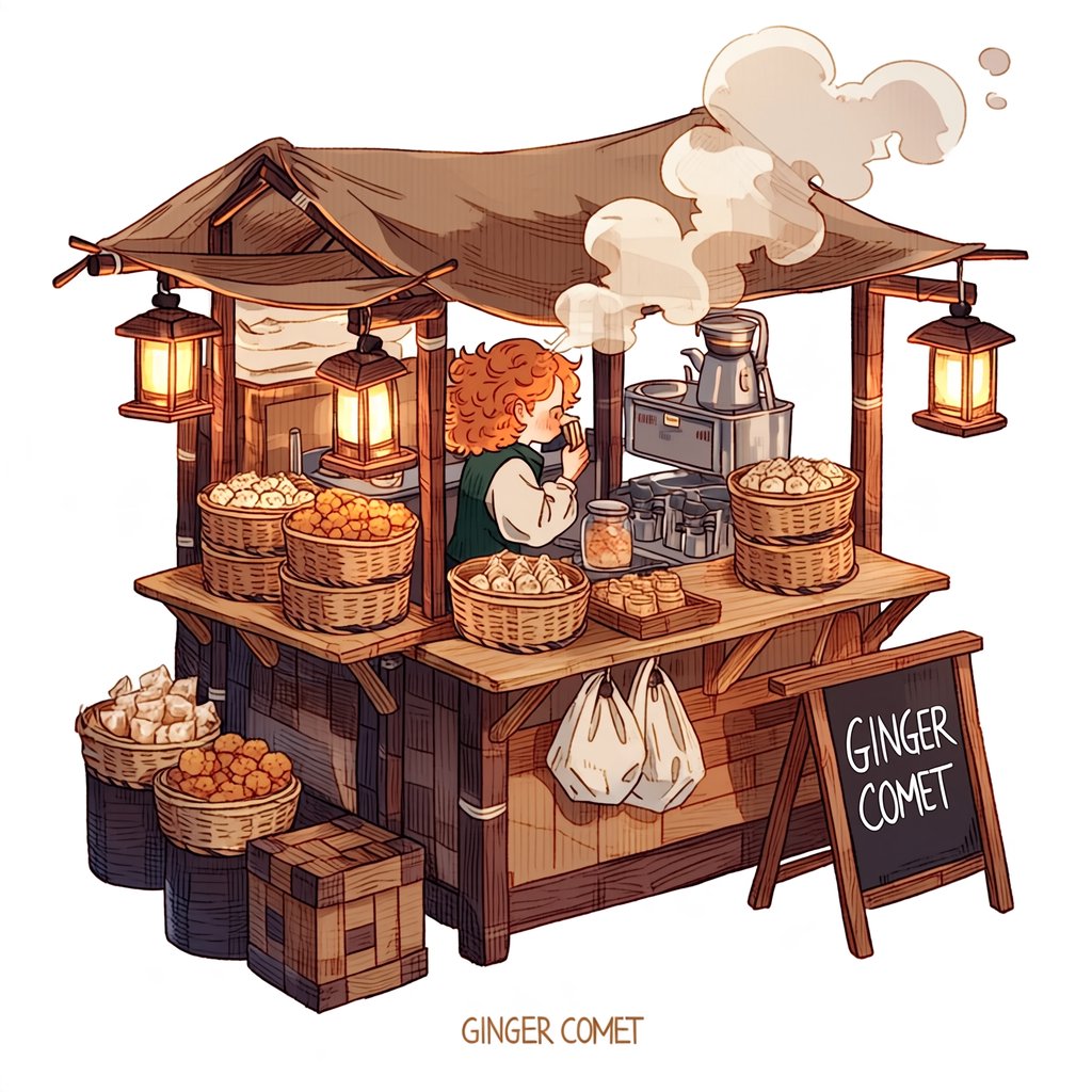 Steam curls above baskets of dumplings at a lively night-market stall, lantern light warming its canvas canopy; "GINGER COMET" is chalked in bold white letters on a blackboard beside the serving counter. — Midjourney Niji 7