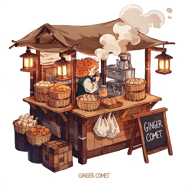Steam curls above baskets of dumplings at a lively night-market stall, lantern light warming its canvas canopy; "GINGER COMET" is chalked in bold white letters on a blackboard beside the serving counter. — Midjourney Niji 7