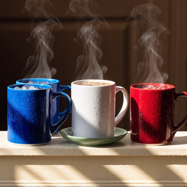 Exactly four ceramic mugs sit on a pale wooden shelf: two blue mugs on the left, one white mug in the center, and one red mug on the right. A green saucer is beneath the center mug, nothing else. — Recraft v4