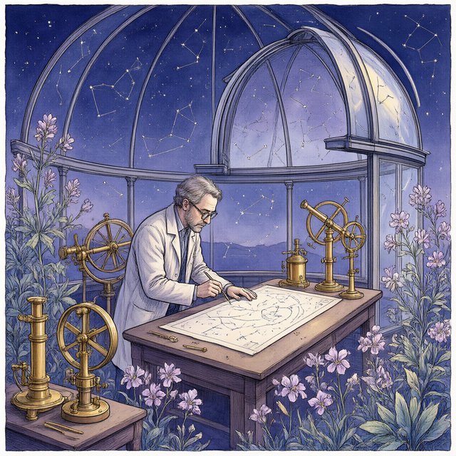 Ink-and-watercolour illustration of an adult astronomer mapping constellations from a glass-domed observatory, surrounded by brass instruments and flowering night plants. Indigo, lavender, and pale gold palette, delicate linework, serene atmospheric detail. — Qwen Image 3.0