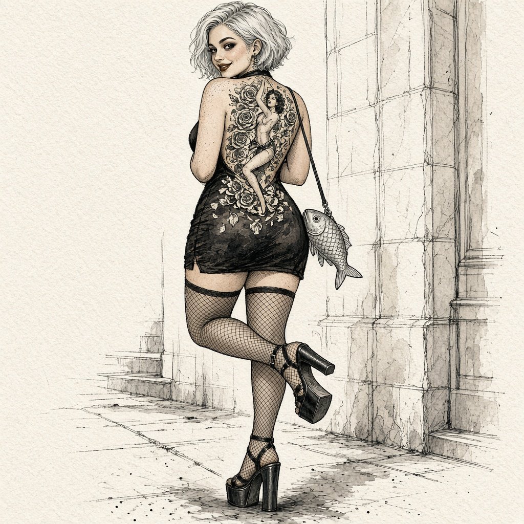 A realistic India ink illustration with crisp black lines depicting a realistic scene, anatomy, and proportions. The ink lines are colored with watercolors, while the black lines remain visible. Full-length composition. A 25-year-old woman named Mandy has a round face and short, trendy hair dyed grayish white. She wears a short, tight halter-top dress with a backless design, fishnet stockings, and high platform heels. She carries a tiny fish-shaped purse over one shoulder. She has smoky eyes and dark brown lipstick. Her entire back is covered with a huge tattoo of a dancing adult woman surrounded by a swirl of roses and rose petals. She poses for a picture in rear view, standing on one foot with the other foot raised and knee bent. She looks at us over one shoulder, making eye contact with the camera and smiling. — Grok Imagine Image 2