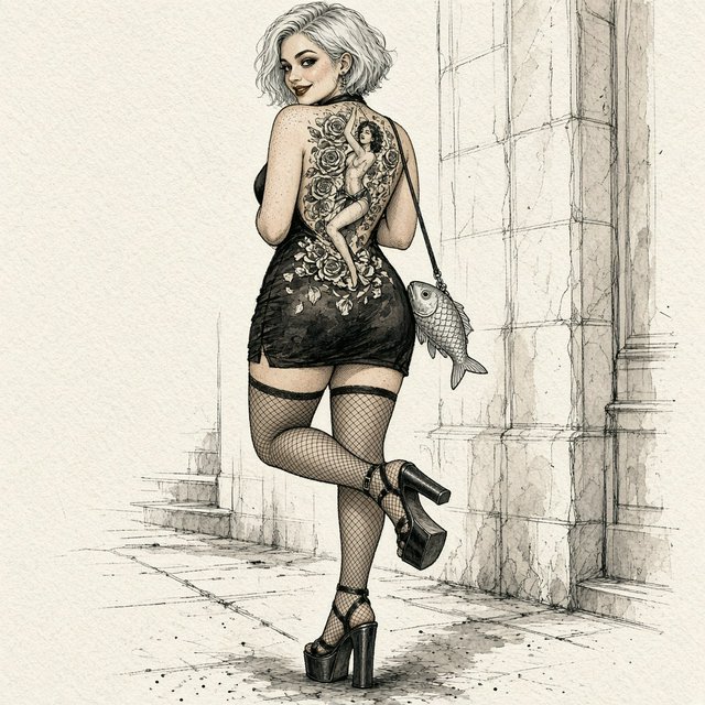 A realistic India ink illustration with crisp black lines depicting a realistic scene, anatomy, and proportions. The ink lines are colored with watercolors, while the black lines remain visible. Full-length composition. A 25-year-old woman named Mandy has a round face and short, trendy hair dyed grayish white. She wears a short, tight halter-top dress with a backless design, fishnet stockings, and high platform heels. She carries a tiny fish-shaped purse over one shoulder. She has smoky eyes and dark brown lipstick. Her entire back is covered with a huge tattoo of a dancing adult woman surrounded by a swirl of roses and rose petals. She poses for a picture in rear view, standing on one foot with the other foot raised and knee bent. She looks at us over one shoulder, making eye contact with the camera and smiling. — Grok Imagine Image 2