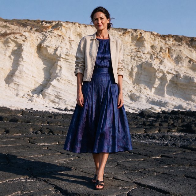 Across a basalt terrace, an adult woman in her early forties poses in a full-length fashion photograph, wearing a pleated indigo silk dress and cropped linen jacket, her composed half-smile lit by hard afternoon sunlight from one side against a pale limestone ridge. — Seedream 5.0 Flash