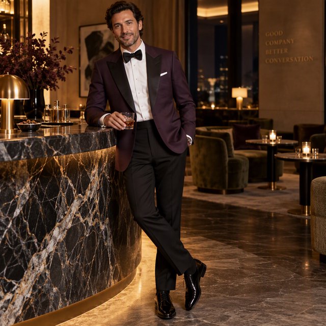 Editorial glamour photograph of an adult man in a midnight-plum dinner jacket and black trousers, standing naturally beside a sculptural marble bar in a quiet hotel lounge, flattering amber light, easy smile, polished editorial elegance. — GPT Image 2.5 Sunburst