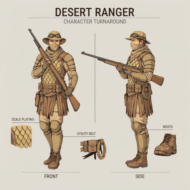 Character design sheet of a desert ranger in layered sand-coloured armour with a long rifle, front and side view, neutral background. — Ideogram v4