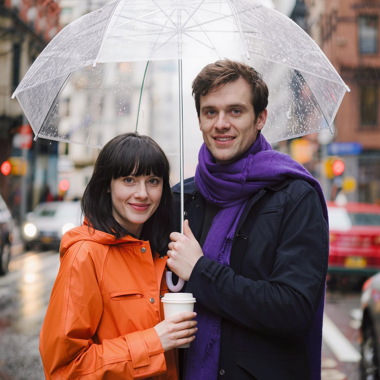 A man with a purple scarf holding a transparent umbrella, standing to the right of a woman in an orange raincoat who holds a paper cup, both facing the camera. — Kling v3