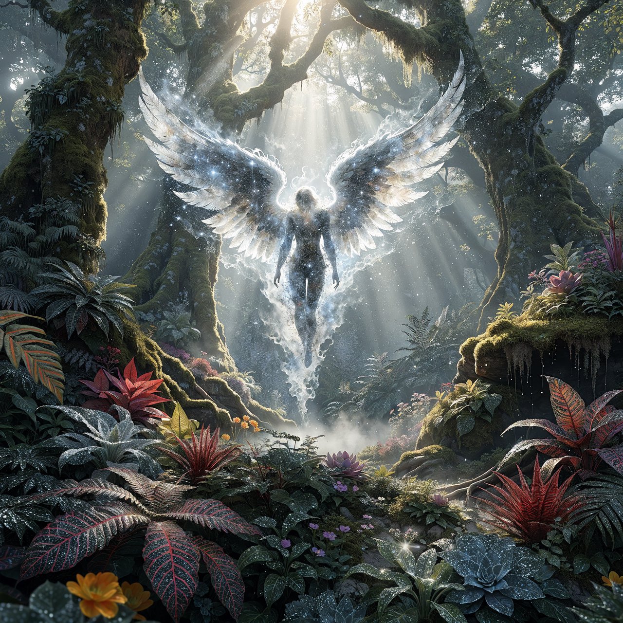 A lone angel with feathered wings, composed of swirling cosmic dust and nebulae, descends into a quiet, enchanted forest. Sunlight filters through the ancient canopy, illuminating wisps of mist and the vibrant, otherworldly plants below. The style is a fusion of hyper-detailed fantasy illustration and soft watercolor techniques, with the polished finish of concept art. — Recraft v4 Pro