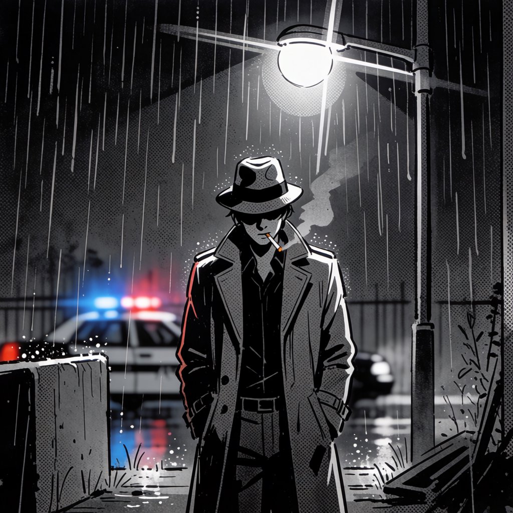 Comic panel of a detective in a trench coat under a streetlamp in the rain, bold ink, halftone shading, no speech bubbles. — Krea 2 Medium