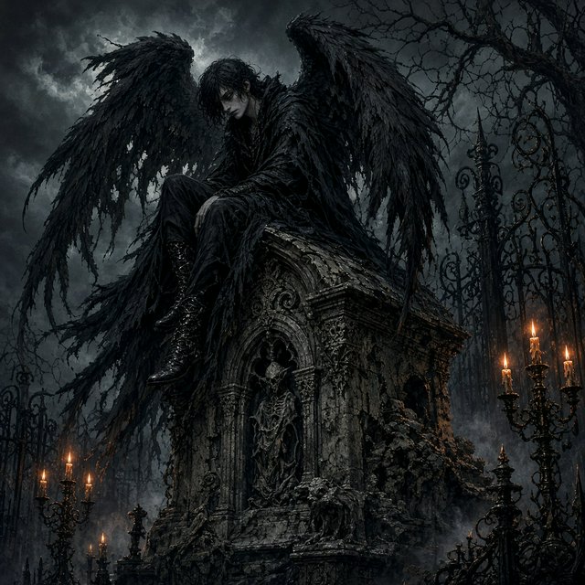 A majestic fallen angel with wings like a dark, tattered cloak, poses dramatically on a crumbling, Victorian-era inspired graveyard tomb, surrounded by twisted, black ironwork and flickering, orange candelabras, as if plucked from a haunting, nightmare. — Grok Imagine Image 2