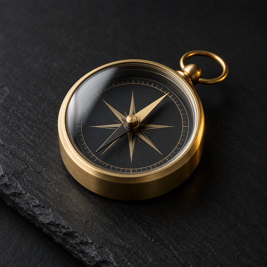 A compact brass pocket compass rests on black slate, its satin-metal casing and clear glass cover catching a broad diffused key and narrow warm rim light against a deep charcoal background; an unbranded commercial product image, blank face without lettering. — GPT Image 2.5 Flare