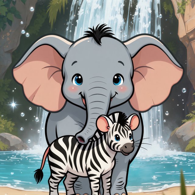 An adorable animal in a cartoon illustration, a cross between an elephant, a zebra, and a mouse. On the shore at the base of a magical waterfall flowing into a crystal-blue pond. Ripples create a wavy reflection in the water. — Kling v3 Omni