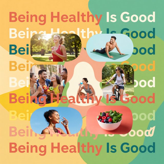 An image relating to good health and happiness. The words “Being Healthy Is Good” appear in the background at least a couple of times. 4–7 moments. — ImagineArt 2