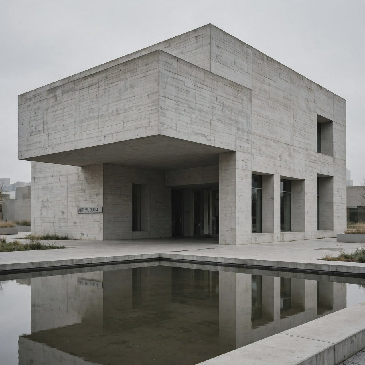 Exterior of a compact brutalist art museum, pale board-formed concrete, deep rectangular window recesses, a broad cantilevered entrance canopy, low reflecting pool, overcast afternoon light, viewed from a quiet plaza at eye level, crisp orthogonal architectural photography. — Muse Image 1.0