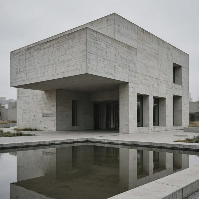 Exterior of a compact brutalist art museum, pale board-formed concrete, deep rectangular window recesses, a broad cantilevered entrance canopy, low reflecting pool, overcast afternoon light, viewed from a quiet plaza at eye level, crisp orthogonal architectural photography. — Muse Image 1.0