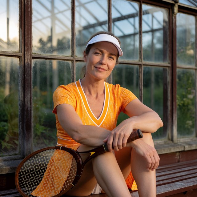 Editorial glamour photograph of an adult woman in a saffron tennis dress and white visor, resting naturally beside a glasshouse garden, flattering morning light, leafy reflections, relaxed smile, refined fashion-magazine composition. — Krea 2 Medium