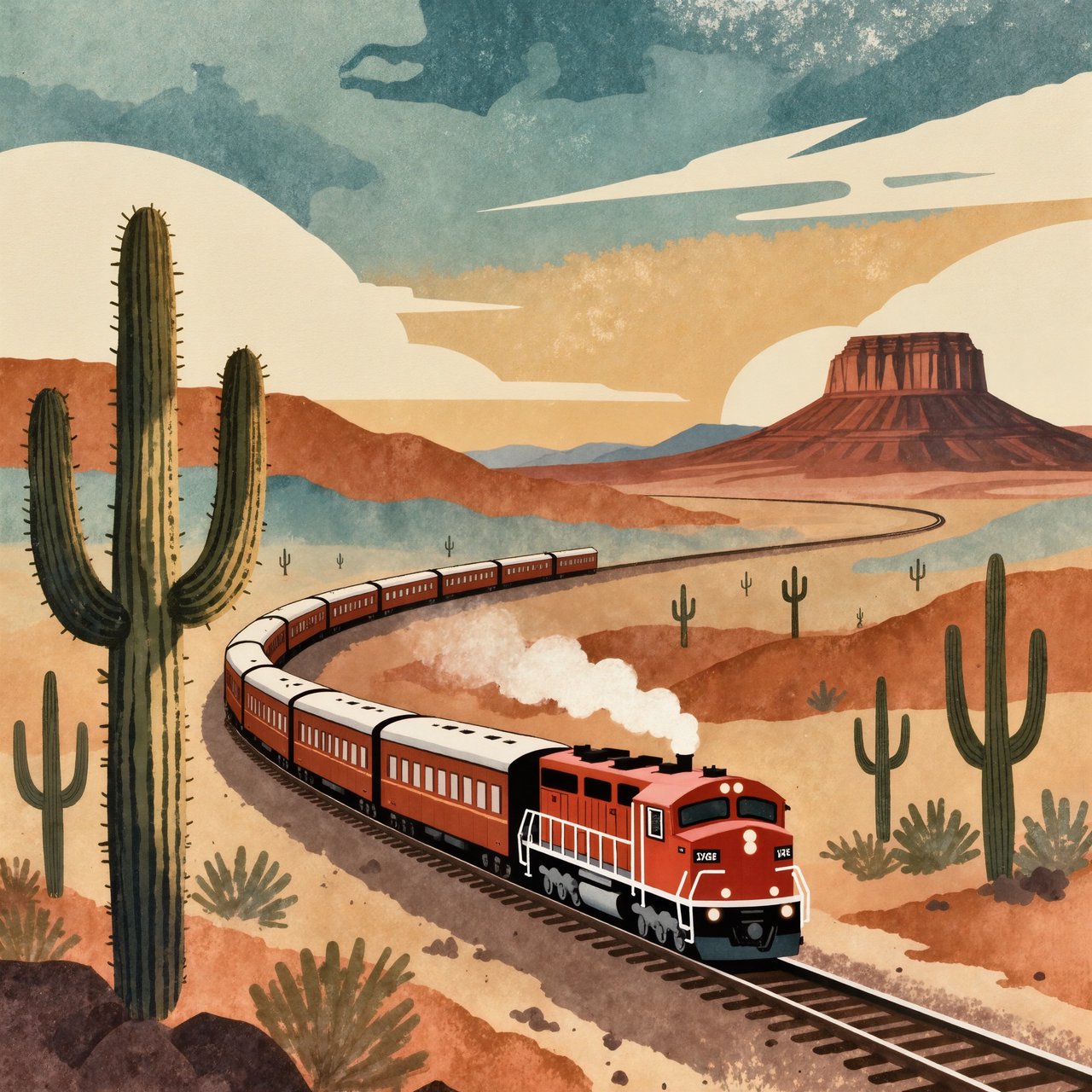 At dawn, a scarlet desert train curves past saguaro silhouettes toward a mesa; screen-printed gouache illustration in mid-century travel-poster style, palette of rust, turquoise, sand, and cream, no lettering. — Kling v3 Omni