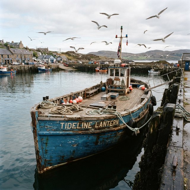 At a quiet harbor, a weathered wooden ferry rests beside slick pilings, ropes coiled on deck as gulls wheel overhead; "TIDELINE LANTERN" is painted in faded ivory letters along the blue hull. — Nano Banana 2 Lite