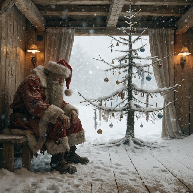 A melancholic, somewhat disheveled Santa Claus in a worn, dirty coat. He sits in his cabin at the North Pole next to a desolate, needleless Christmas tree, its decorations hanging only sporadically. The aura radiates a quiet despair. — Recraft v4