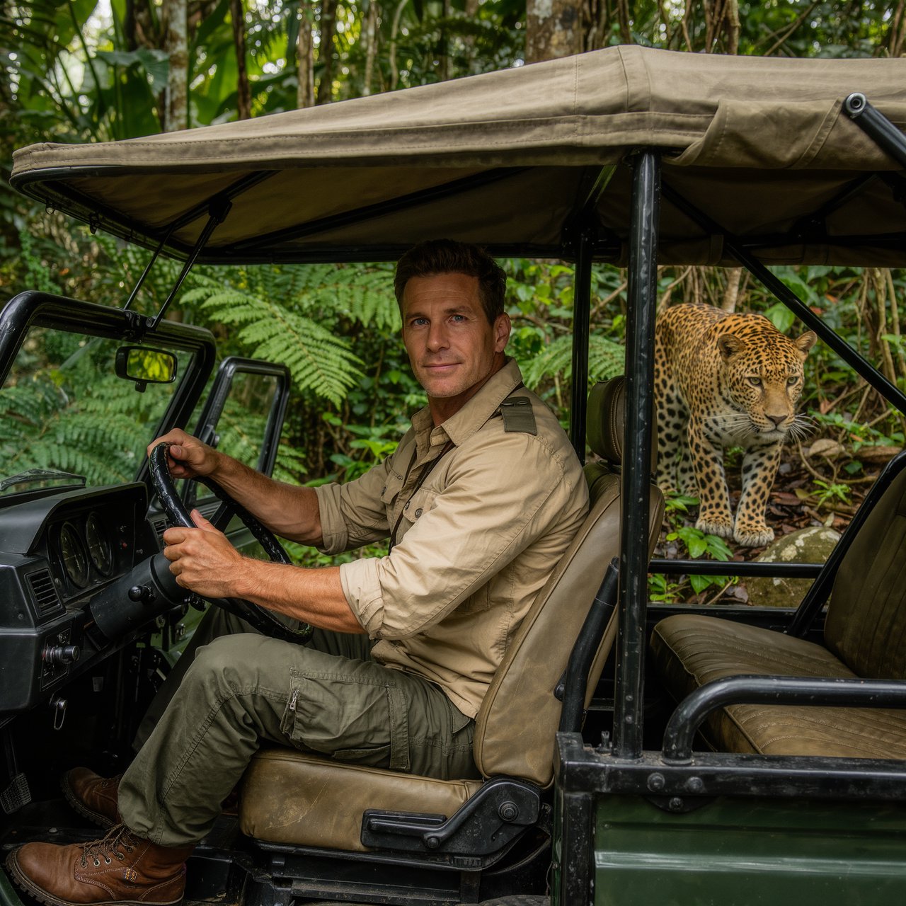 An adult on a jungle safari in his car, with a leopard lurking behind him in the bushes — Kling v3 Omni