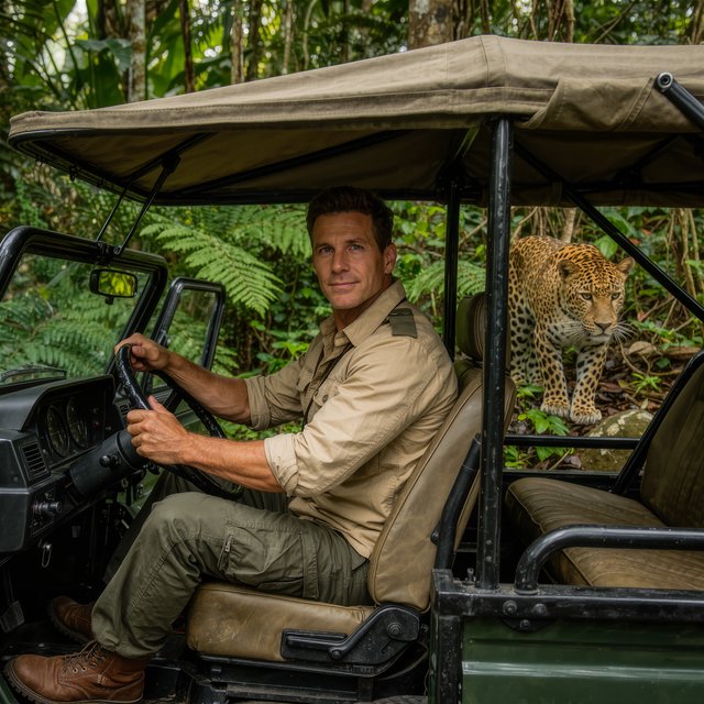 An adult on a jungle safari in his car, with a leopard lurking behind him in the bushes — Kling v3 Omni
